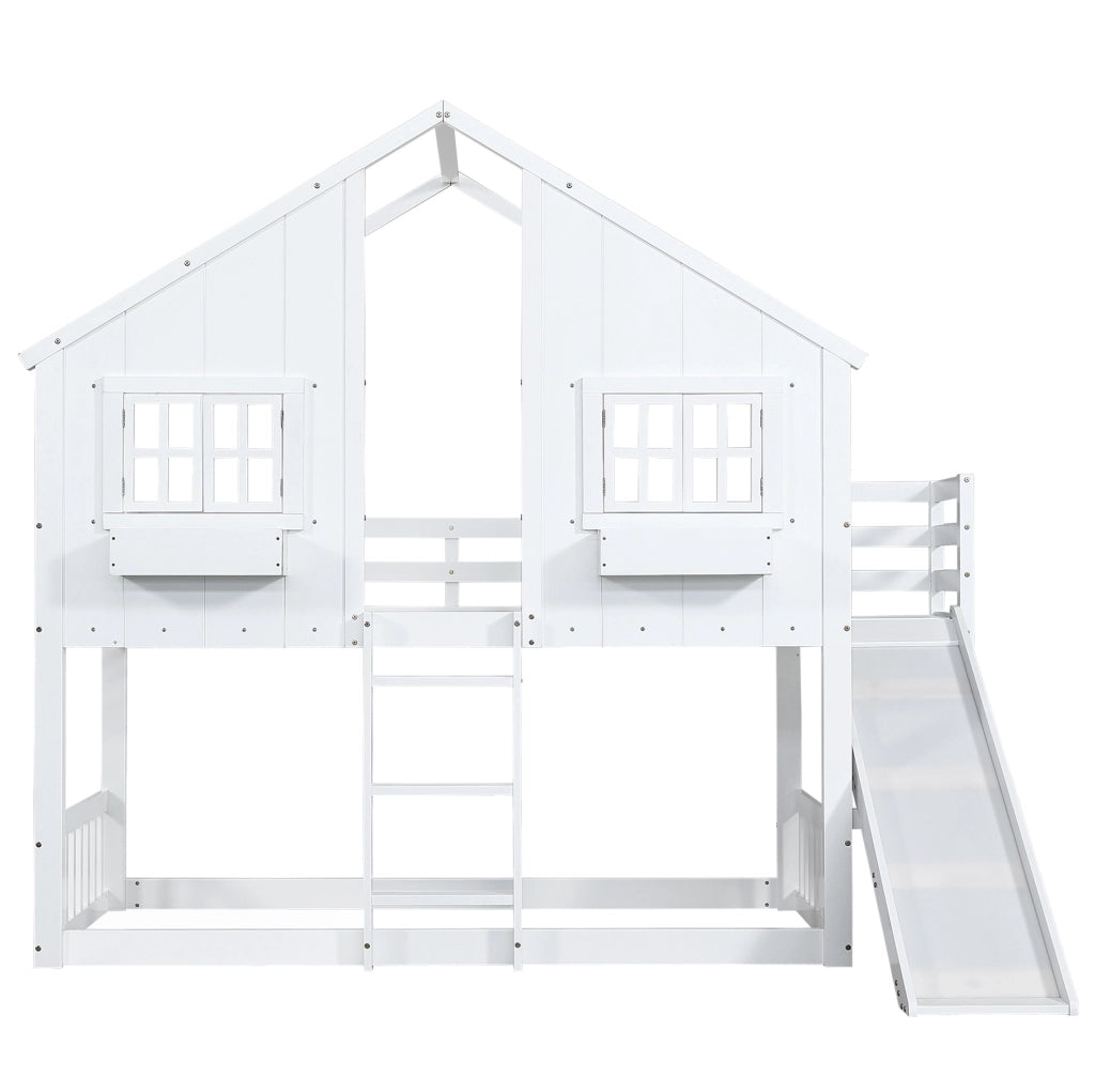 Letto a castello 90x200 cm con scivolo e finestre in legno e MDF bianco