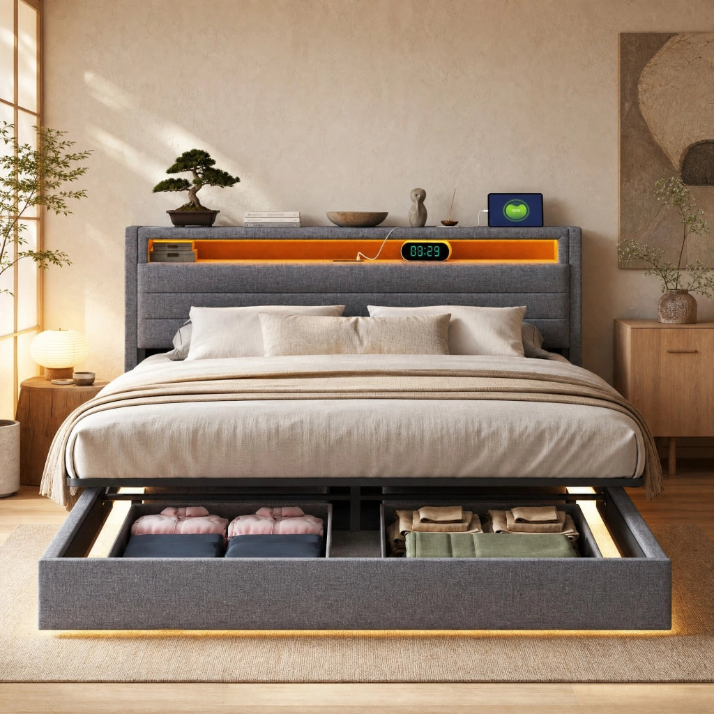 LETTO Contenitore Idraulico 160x200 cm Tessuto Grigio con USB e LED