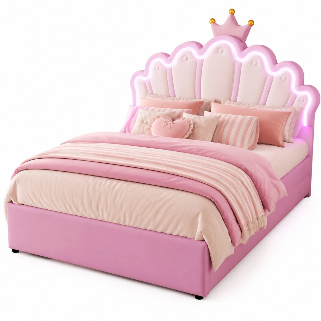 Letto imbottito 140x200 cm con LED RGB, 2 cassetti, testiera regolabile, PU rosa