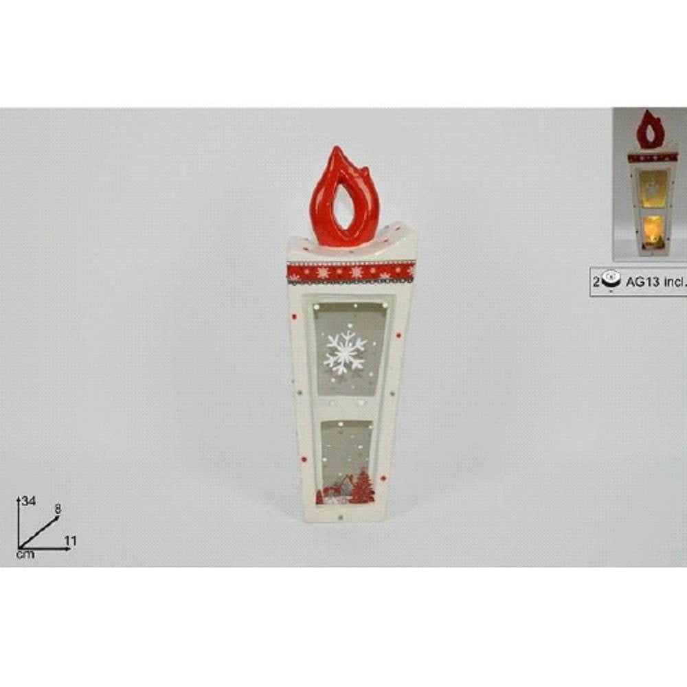 Trade Shop - Lanterna In Ceramica Candela Con Lumino Elettrico 34 Cm Decorazioni Natalizie -