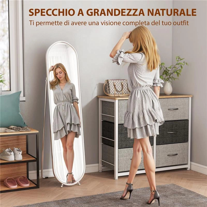 SPECCHIO A FIGURA INTERA DA TERRA CON SUPPORTO PIEGHEVOLE, VETRO E METALLO, 40X4X160 CM, ARGENTO