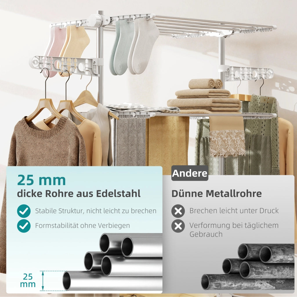 Stendibiancheria con rotelle, 4 livelli, pieghevole, acciaio inox, bianco+argento, 142x55x172 cm ¨C zephmum
