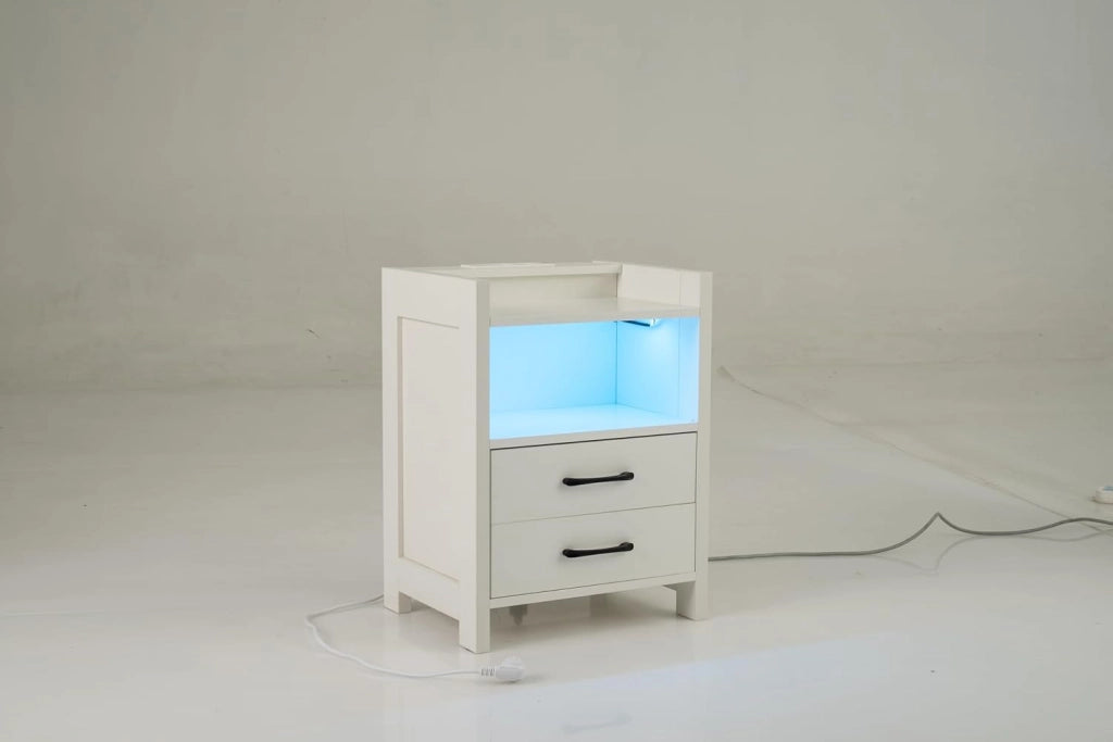 Comodino Camera da Letto con Stazione di Ricarica e Luci LED, Comodino Piccolo in Legno Cassetti e Scomparto Aperto, Tavolino Lato Moderno per Soggiorno, 45x35x60cm (L x P x A) (Bianco)