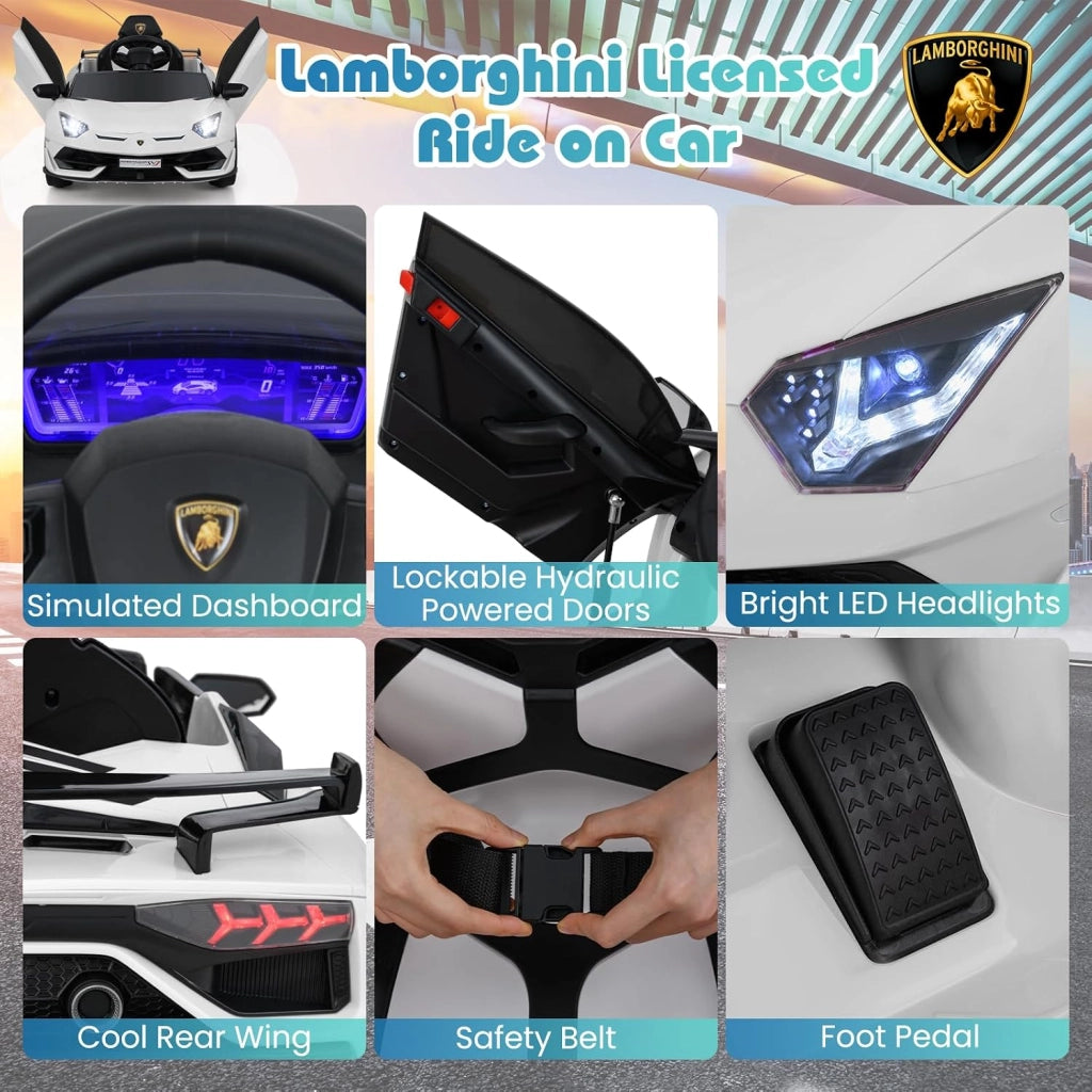 Macchina Elettrica per Bambini Lamborghini SVJ 12V con Telecomando, Auto Elettrico a Pedale e Luci LED, Veicoli con Musica, MP3, Clacson e USB, Carico 30 kg, 3-8 Anni (Bianco)