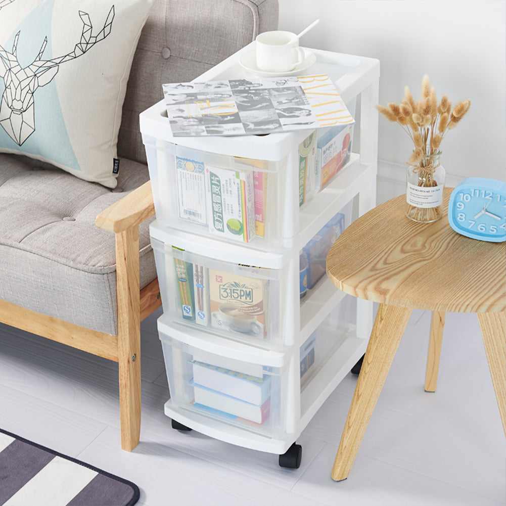 Carrello Cassettiera Portaoggetti Salvaspazio con 3 Ripiani Trasparenti e Ruote