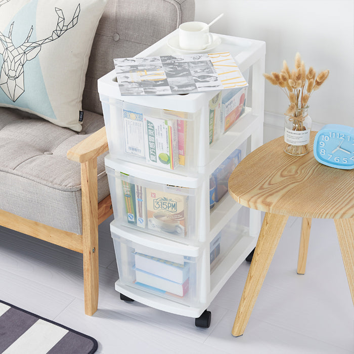 Carrello Cassettiera Portaoggetti Salvaspazio con 3 Ripiani Trasparenti e Ruote