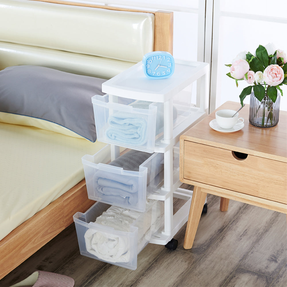 Carrello Cassettiera Portaoggetti Salvaspazio con 3 Ripiani Trasparenti e Ruote