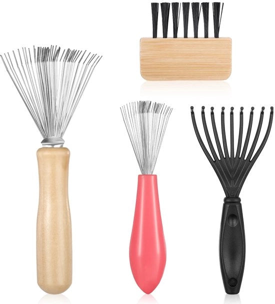 Set di pennelli a spazzola 4 pezzi - autoespellente - spazzola per pulizia - manico in legno - nylon/acciaio inossidabile - ideale per uso domestico/salon - spazzola per pettini