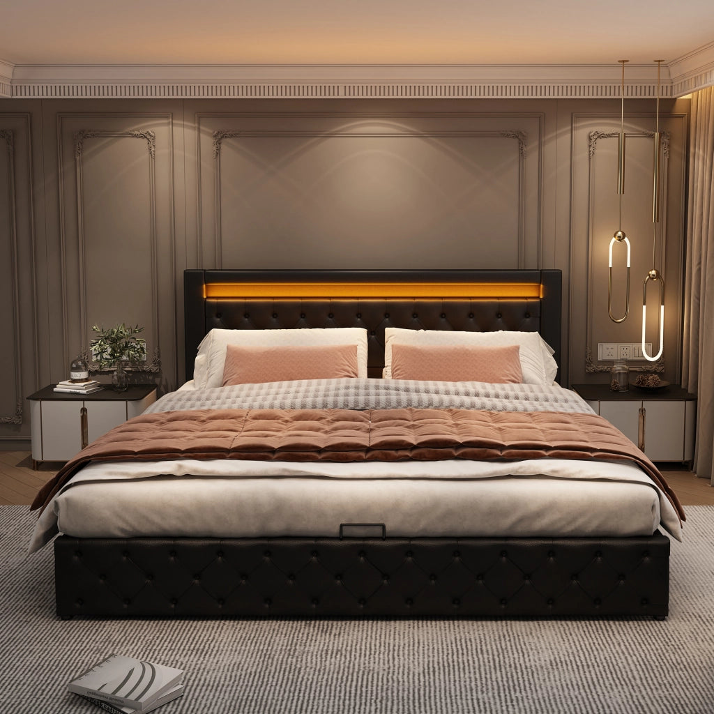 OKWISH Letto Contenitore 140×200 cm, Letto Matrimoniale con LED Regolabile e Vano Contenitore, senza Materasso, in PU, Nero