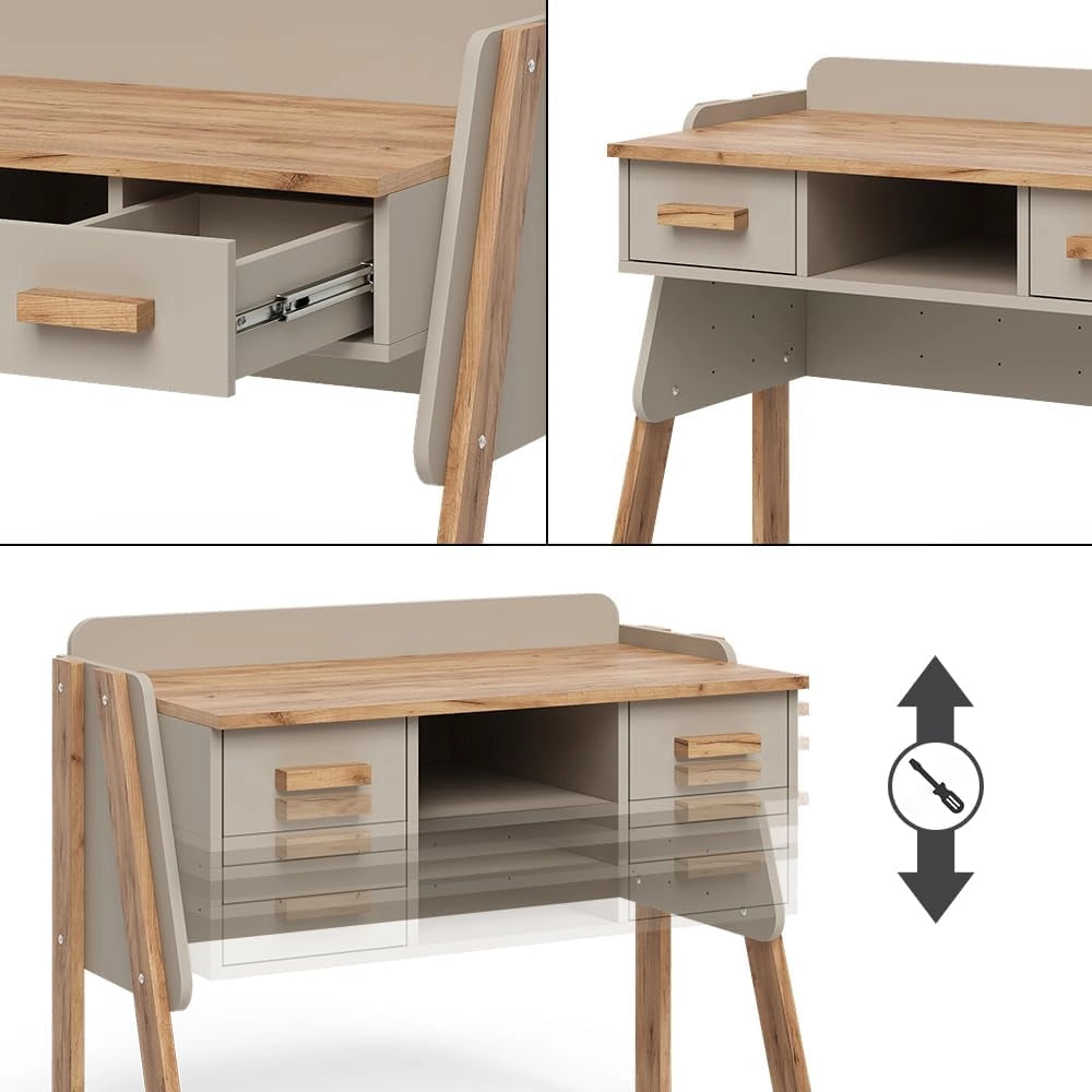 Scrivania Malia, Cashmere/Artigianale, 97 x 51 cm con 2 cassetti, regolabile in altezza per una configurazione flessibile della postazione di lavoro