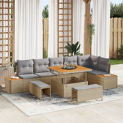 Set Divano da Giardino 9 Pezzi con Cuscini Beige Poly Rattan Acacia