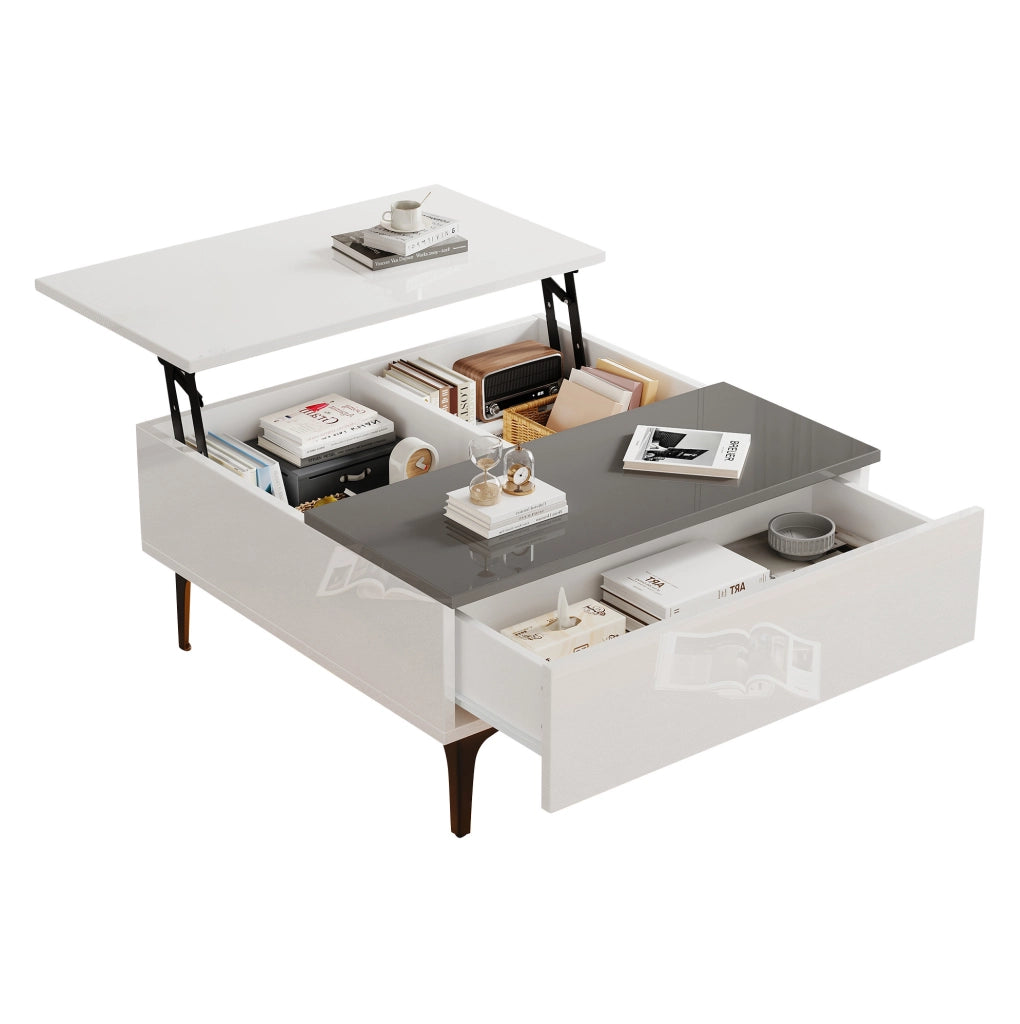 Tavolino 70x70x35 cm bianco e grigio, piano sollevabile con contenitore e LED, MDF,