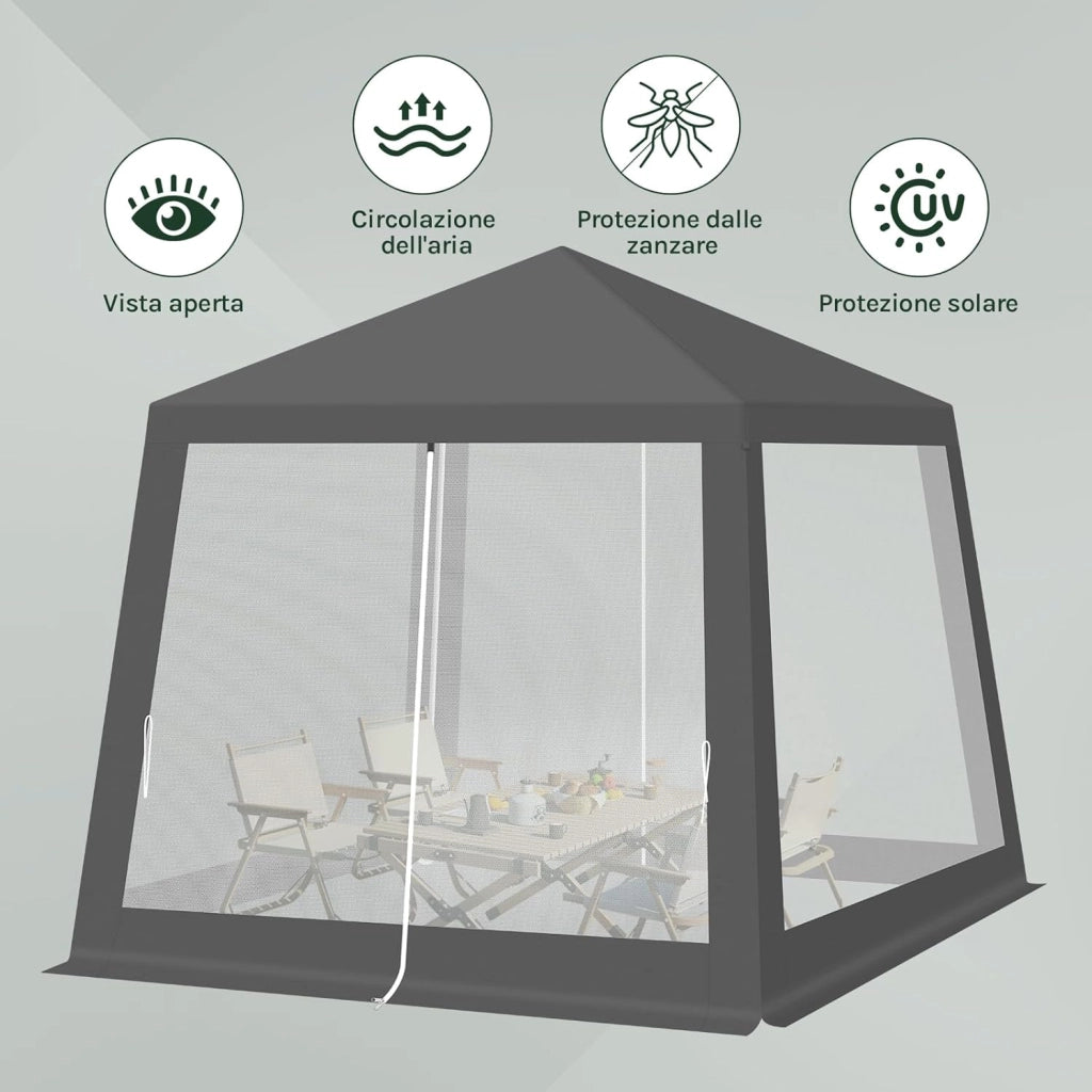 Gazebo 3x3 Pieghevole Impermeabile, Pergolato da Giardino, Gazebo da Esterni, con Pareti Laterali a Zanzariera, per Campeggio, Feste, Grigio