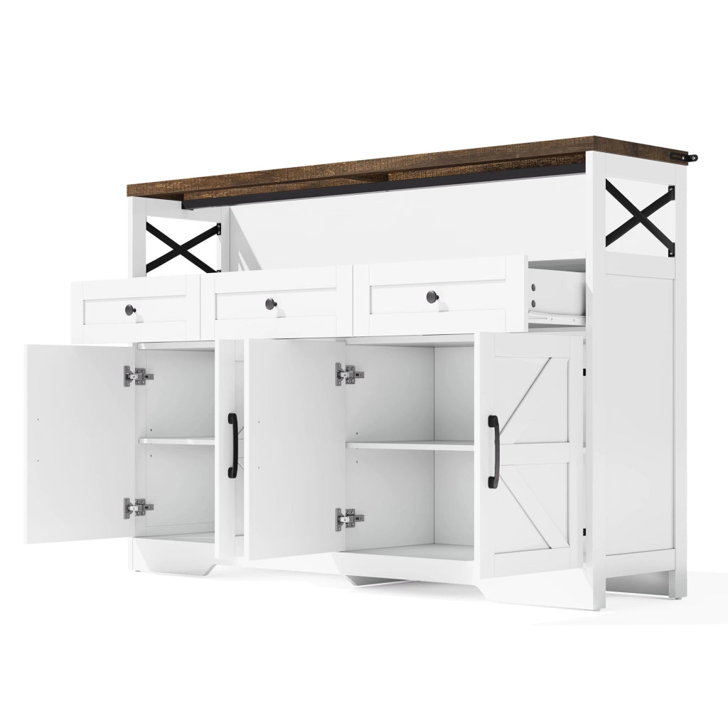 Buffet Anrichte 140 cm con 3 cassetti, 2 armadi e vani aperti, design rustico moderno in MDF, bianco e marrone