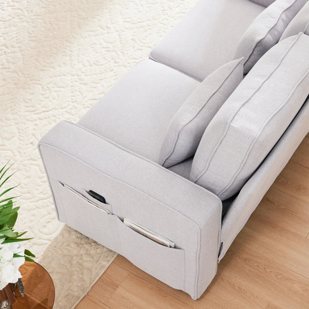 OKWISH Divano Lineare 4 Posti con Consolle, 2 Portabicchieri, 2 Porte USB, Tasche Laterali, Lino Grigio