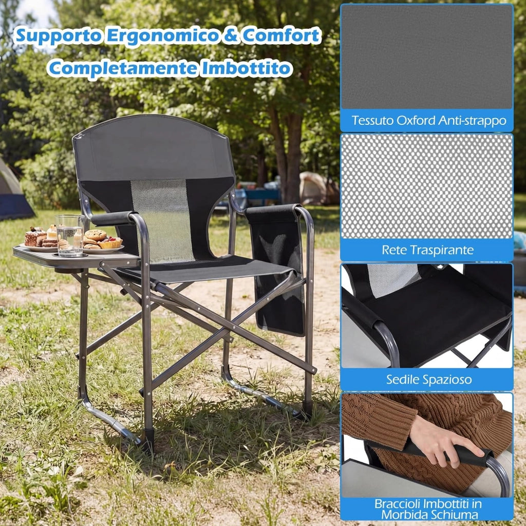 Sedia da Campeggio Pieghevole, Sedia da Regista con Tavolino Laterale, Portabicchieri e Tasca Portaoggetti, Portata 180 kg, Poltrona da Esterno per Spiaggia, Pesca e Picnic (Nero)
