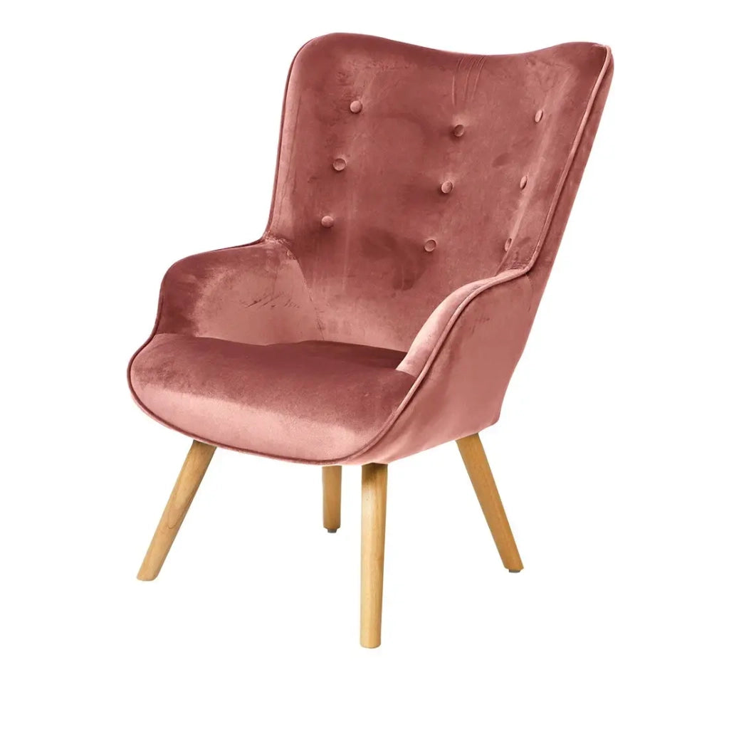 Poltrona da salotto in velluto rosa con piedi in legno, collezione ENJOY. Stile scandinavo.