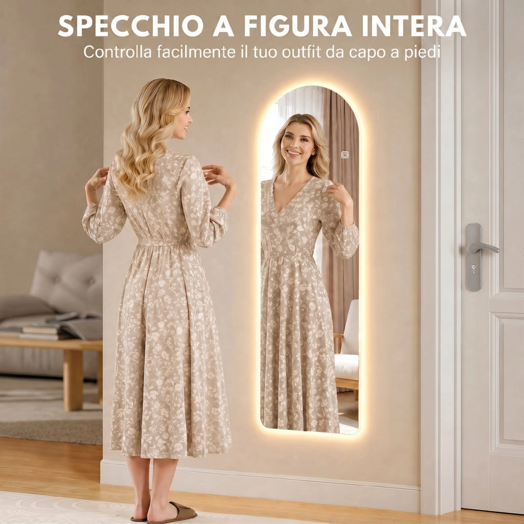 Specchio da Parete ad Arco con Illuminazione LED Regolabile e Controllo Touch, in Vetro Temperato, 40x3x120 cm