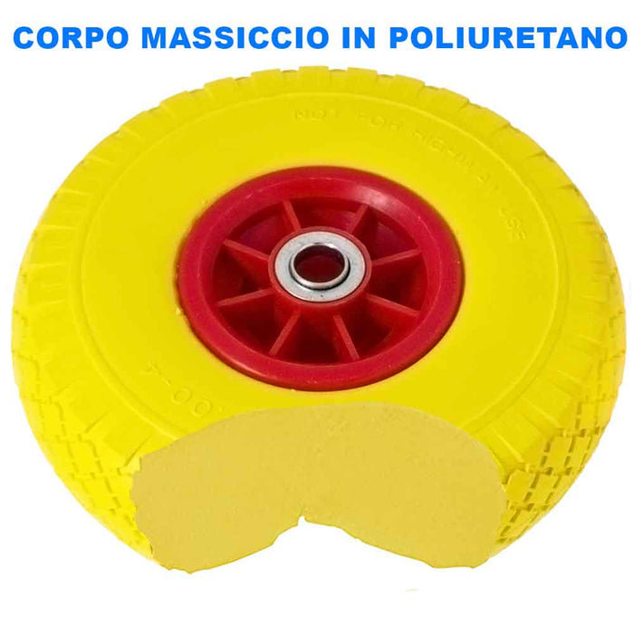 Ruota Piena per Carrello Antiforatura PU Gialla Carriola 25 cm Cerchio in ABS
