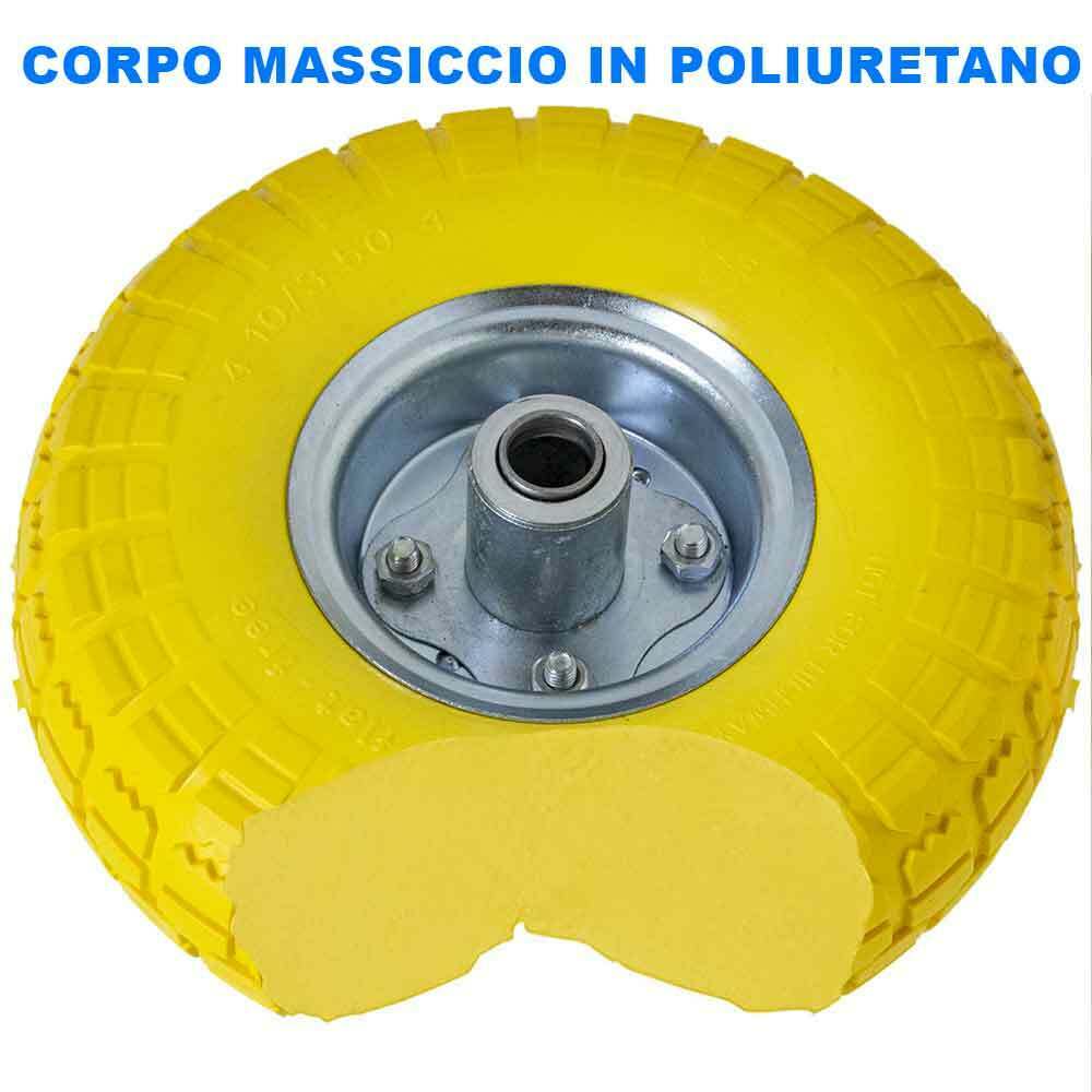 Ruota Piena Antiforatura PU Gialla Carrello Carriola 25cm Asse Decentrato