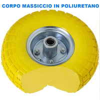 Ruota Piena Antiforatura PU Gialla Carrello Carriola 25cm Asse Decentrato