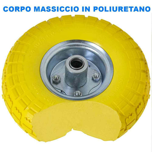 Ruota Piena Antiforatura PU Gialla Carrello Carriola 25cm Asse Decentrato