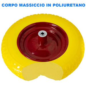 Ruota Piena Antiforatura PU Gialla per Carriola 35cm + Asse Lungo 210mm Acciaio