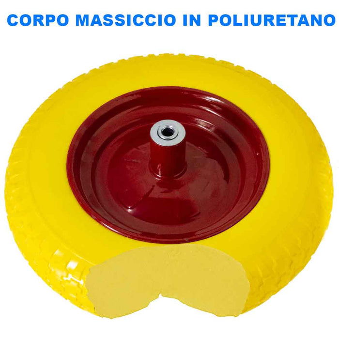 Ruota Piena Antiforatura PU Gialla per Carriola 35cm + Asse Lungo 210mm Acciaio