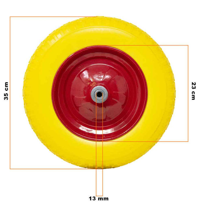 Ruota Piena Antiforatura PU Gialla per Carriola 35cm + Asse Lungo 210mm Acciaio
