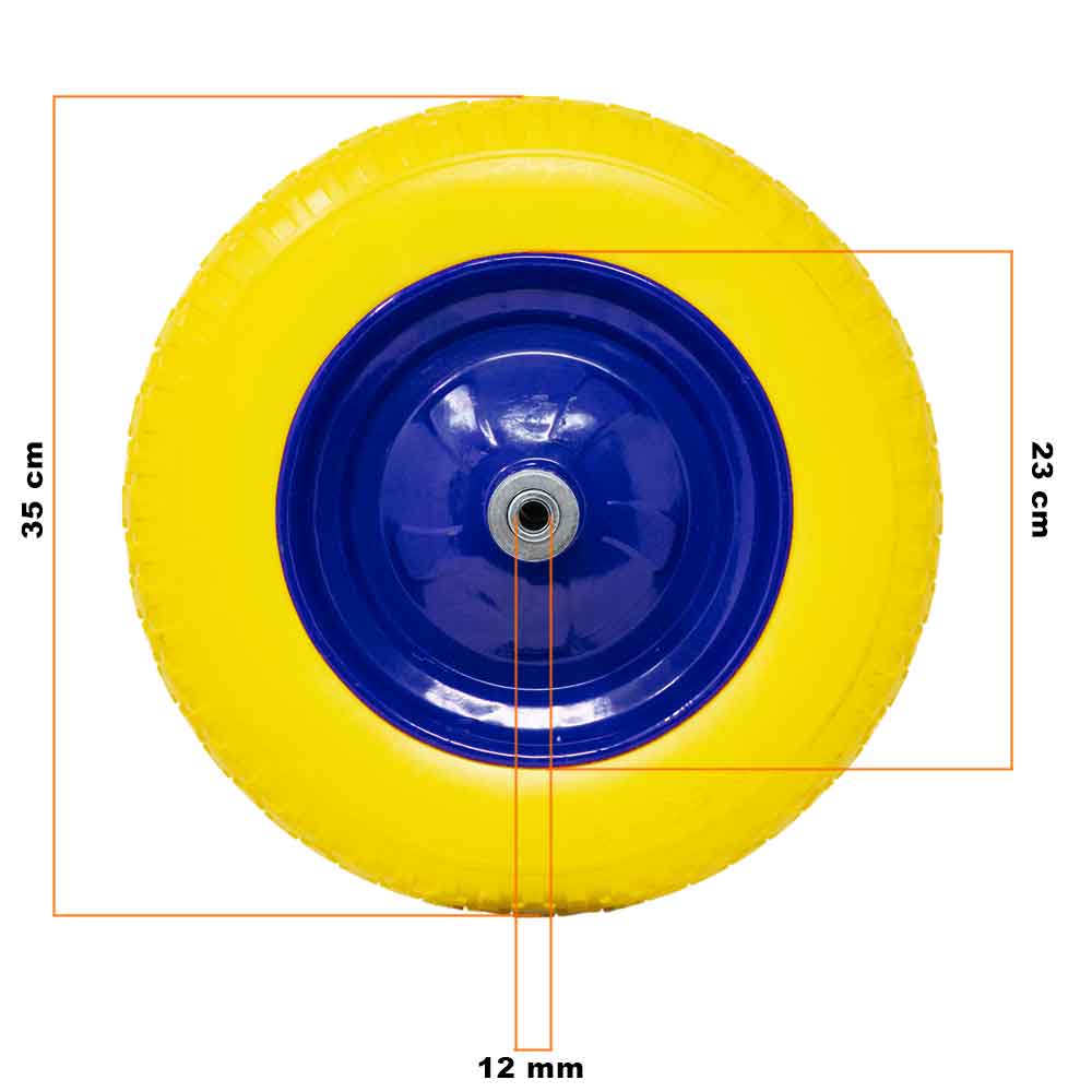 Ruota Piena Antiforatura PU Gialla per Carriola 35cm + Asse Corto 170mm Acciaio