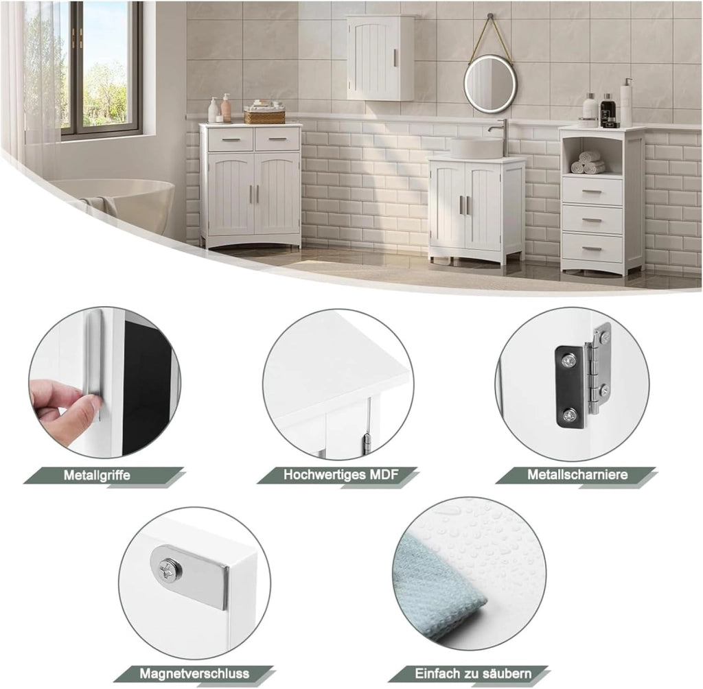 Mobile da Bagno Sospeso, Mobile Sottolavabo per Bagno con 2 Ante, 2 Cassetti, Ripiano Regolabile, MDF, Bianco