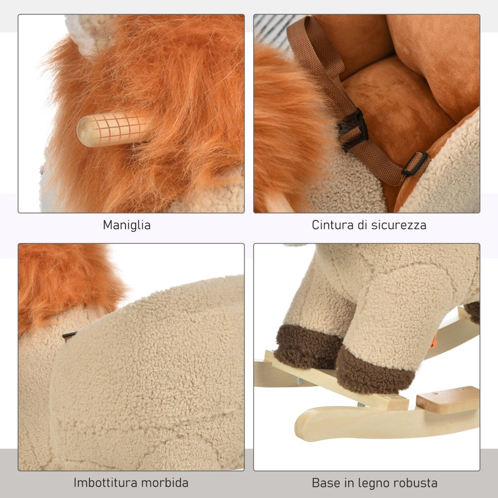 EasyComfort Dondolo Giocattolo a Forma di Leone per Bambini 18-36 Mesi, Ruggisce (3 Batterie Incluse), in Legno e Peluche