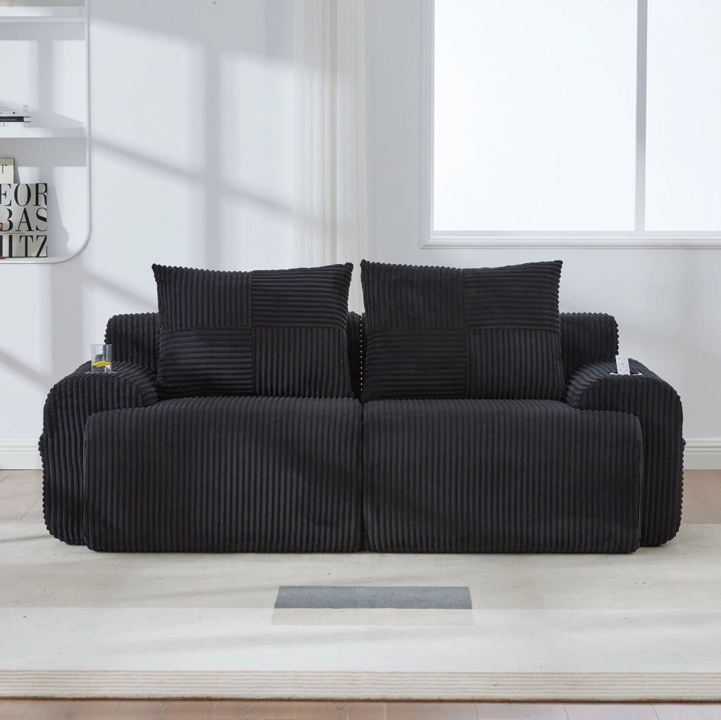 Divano modulare 2 posti 200x99x80 cm in tessuto nero, con portabevande e tasca laterale –