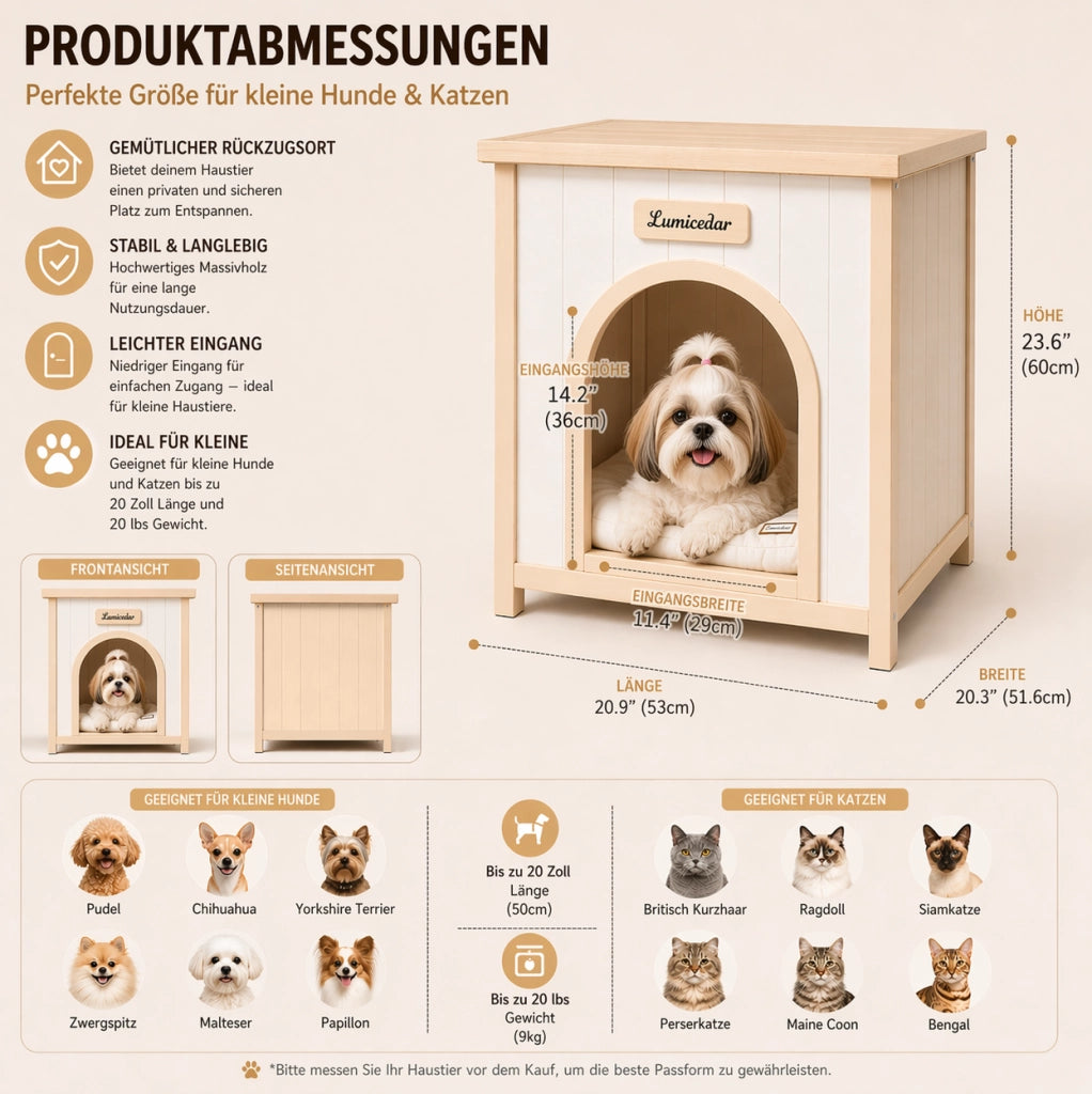 Cuccia per cani in legno con cuscino rimovibile; bianco crema