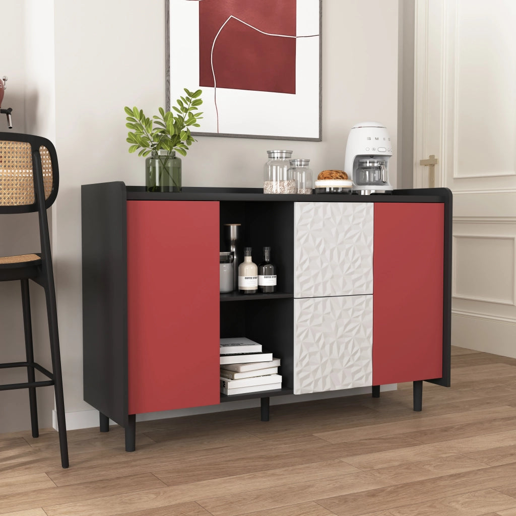 Credenza con 2 Cassetti e 2 Vani Aperti; Ante Rosse; Stile Moderno; in MDF; 120??40??80 cm; Nero
