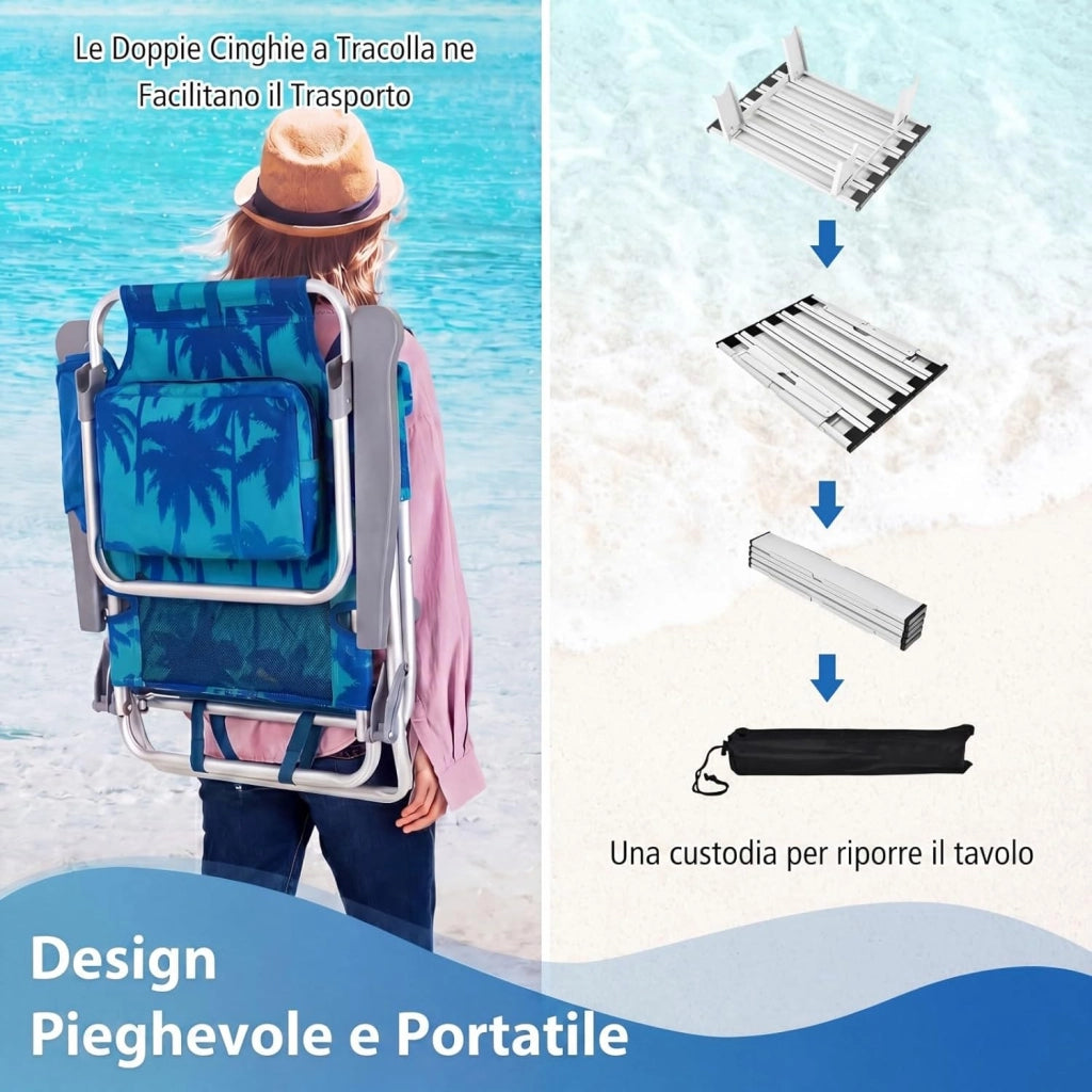 Set di 2 Sedie e Tavolino da Spiaggia Pieghevole, Schienale Regolabile a 5 Livelli, con Portatesta, Borsa Portaoggetti, Borsa Termica, per Campeggio Picnic Esterno (Albero, Modello 2)