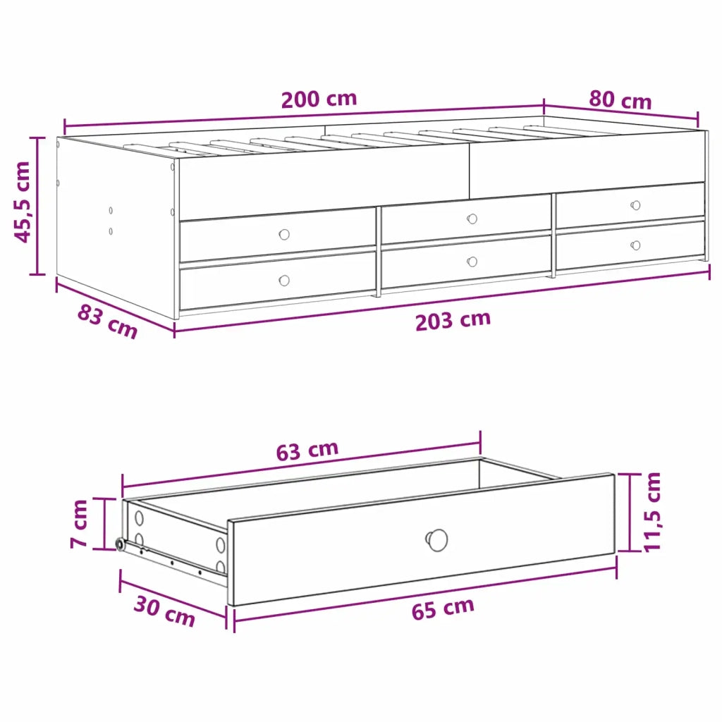 Telaio del letto con storage Sonoma grigio 80 x 200 cm 3429649