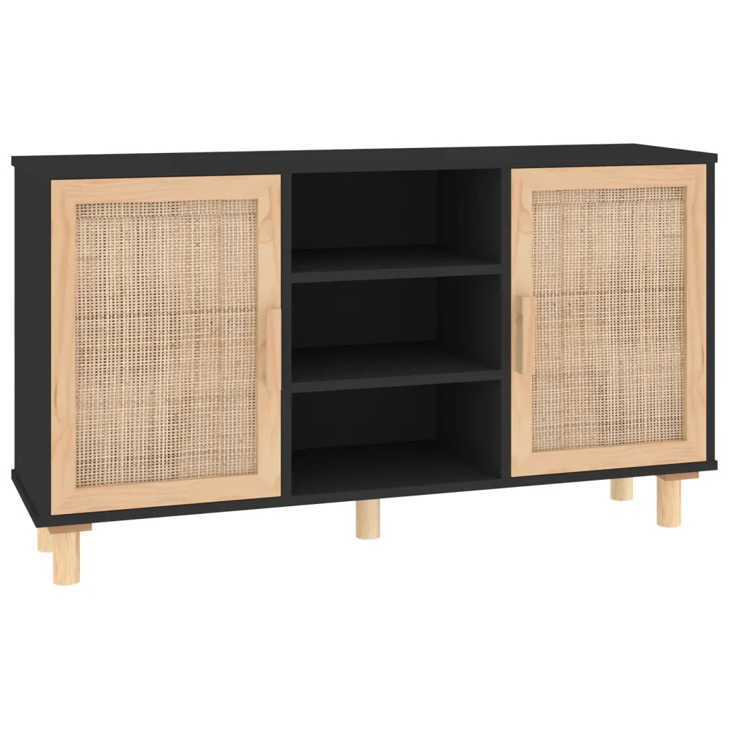 Credenza Nera 105x30x60cm Legno Massello Pino e Rattan Naturale 345640