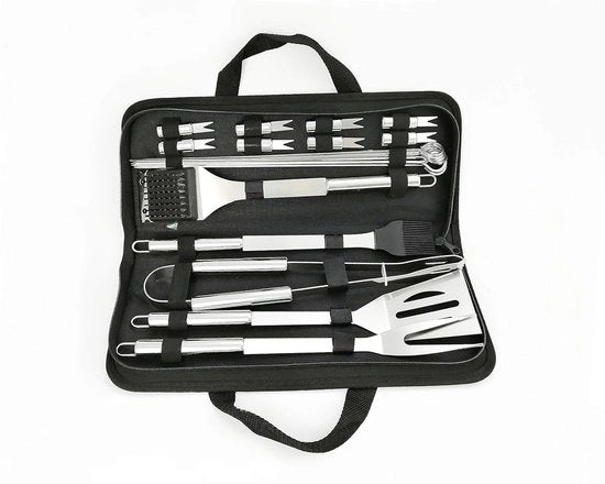 Kit di accessori per barbecue in acciaio inossidabile 20 pezzi + set di supporto - Spazzola a tang, spazzola a righello, spazzola per pulizia, forchetta per carne - Accessori per picnic, campeggio, cottura e grilling