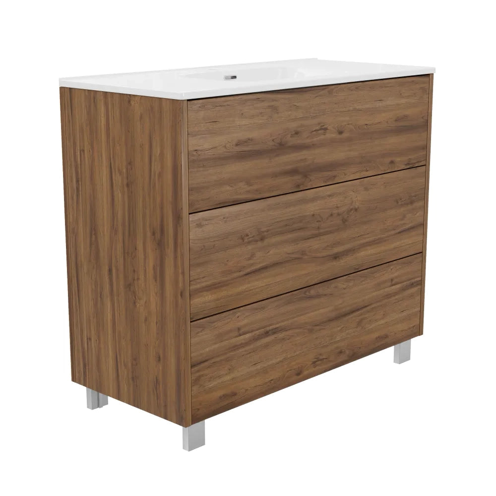 Mobile bagno a terra 100cm  tre cassetti push&pull rovere barok con lavabo bianco lucido | Yaku