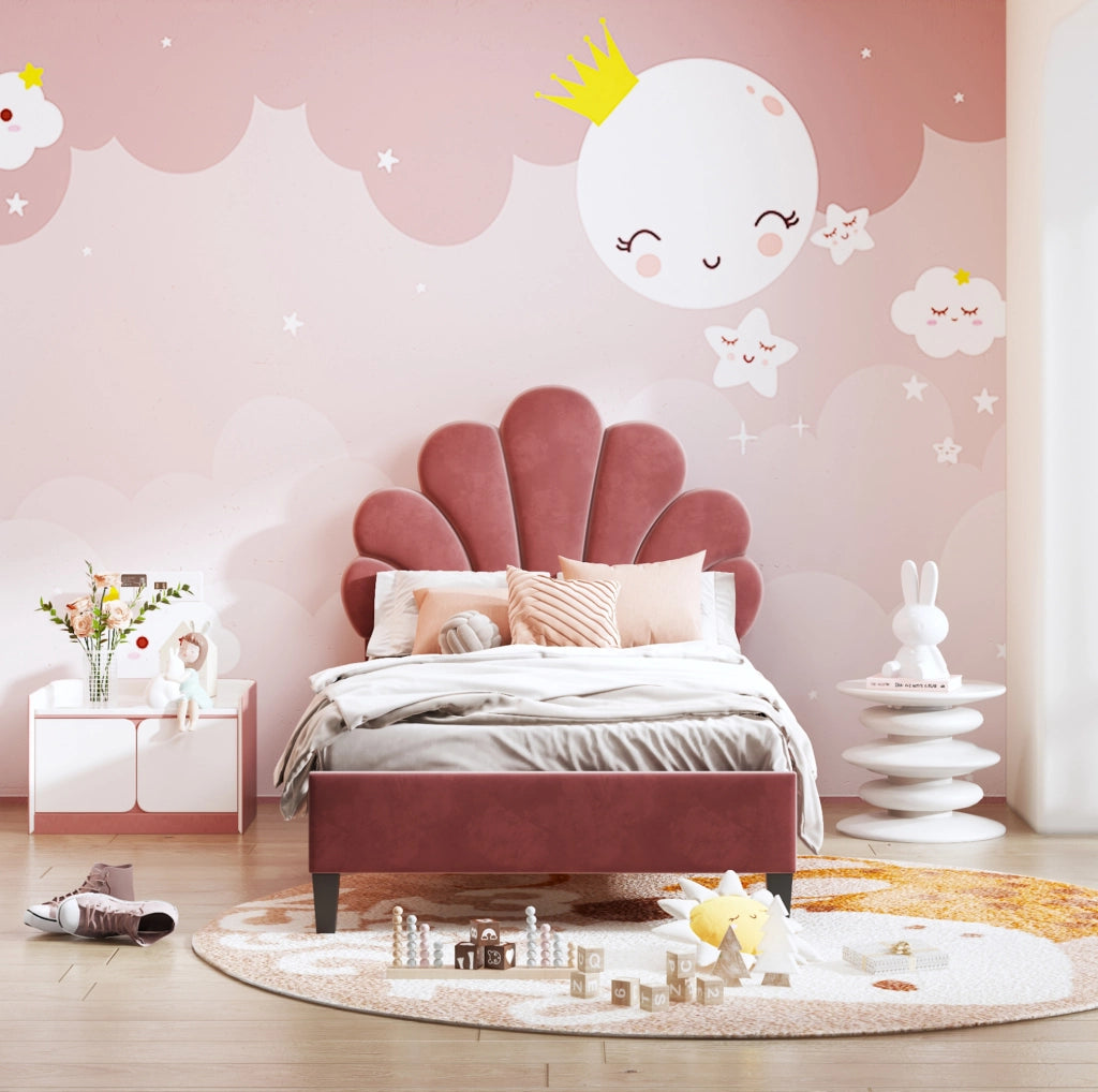 Letto imbottito 90x200 cm; testiera a fiore; velluto; rosso fagiolo (Senza materasso)