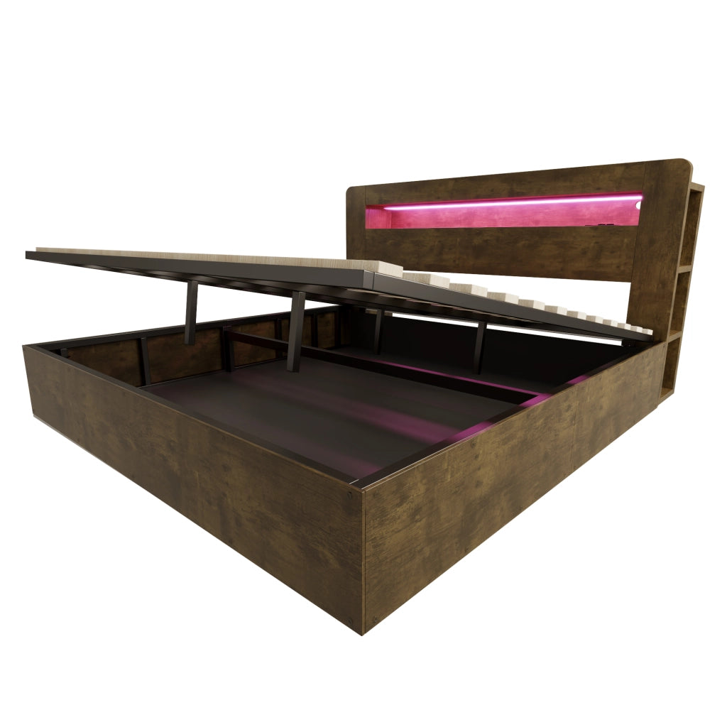 Letto contenitore matrimoniale 180×200 cm con LED; prese e ripiani testiera; senza materasso; legno vintage