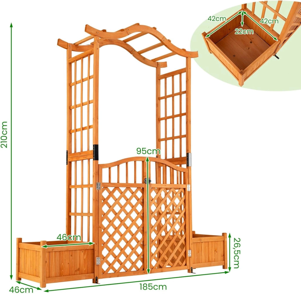 Arco da Giardino con Fioriere, Letto da Giardino Rialzato con Traliccio, Tetto, Fori di Drenaggio, Fondo Rimovibile e Cancelli Chiudibili, Pergolato da Esterno in Legno per Feste e Matrinomio