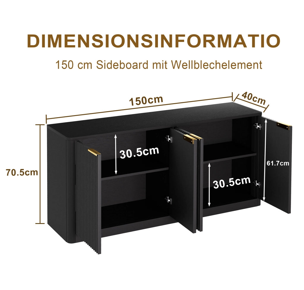 Credenza con 4 ante e vani chiusi; per soggiorno; in MDF; 150×40×70.5 cm; nera