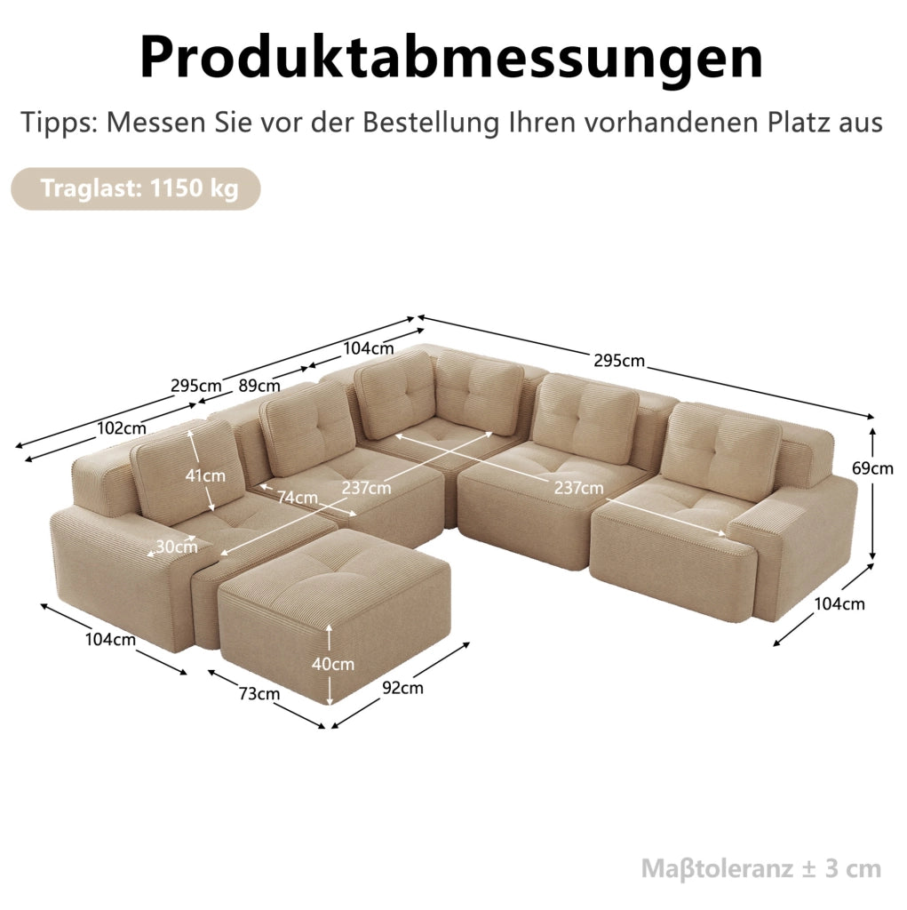 Divano angolare modulare senza struttura rigida; 295x295x69 cm; corduroy beige