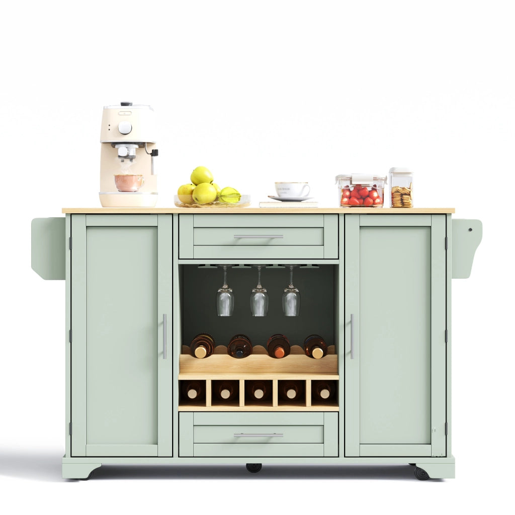 Carrello da cucina con piano ribaltabile, portabottiglie, portabicchieri, portaspezie e porta asciugamani, 138x45/70x92 cm, verde