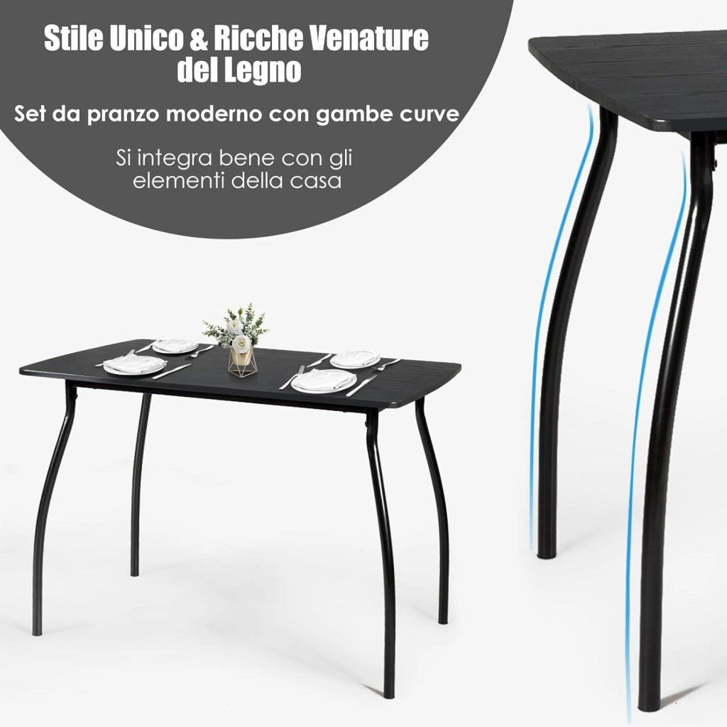 Set Tavolo e Sedie da Cucina 5 Pezzi, Tavolo da Pranzo Rettangolare e 4 Sedie con Telaio Robusto in Metallo, Tavolo con Sedie da Sala da Pranzo Soggiorno Ristorante, Nero