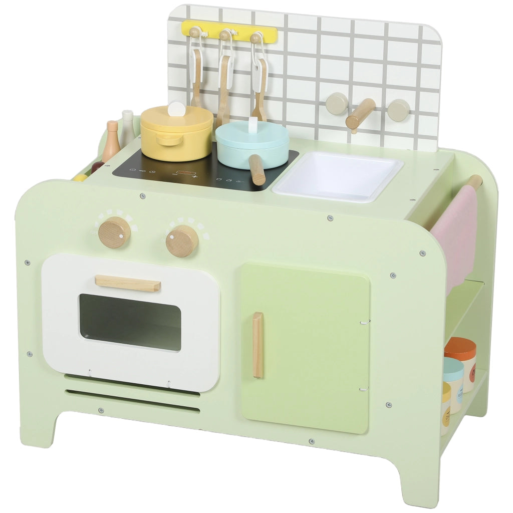 Set Cucina Giocattolo in Legno per Bambini da 3+ Anni con 15 Accessori, Verde