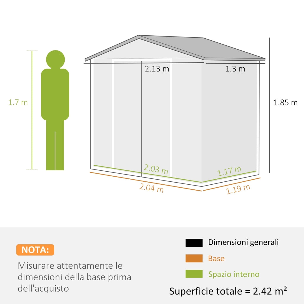 Casetta da Giardino con Prese d'Aria e Doppia Porta Scorrevole  210x130 cm in Metallo Marrone Chiaro