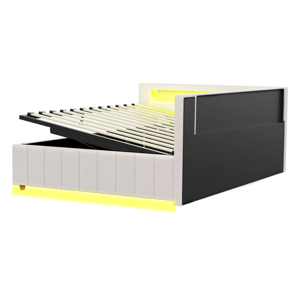 Letto imbottito 140x200 cm; contenitore idraulico; LED e USB; velluto; beige (Senza materasso)